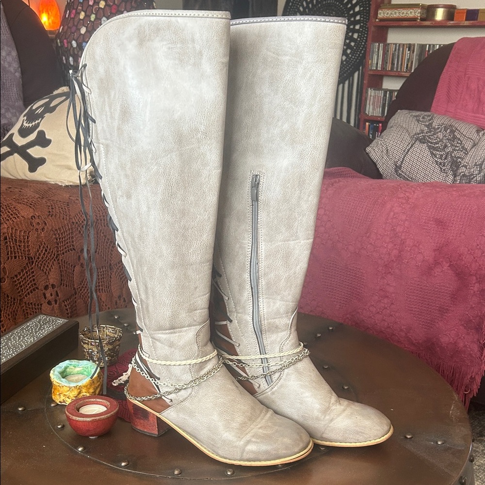 Upcycled removable chains lace up faux leather tall riding boots